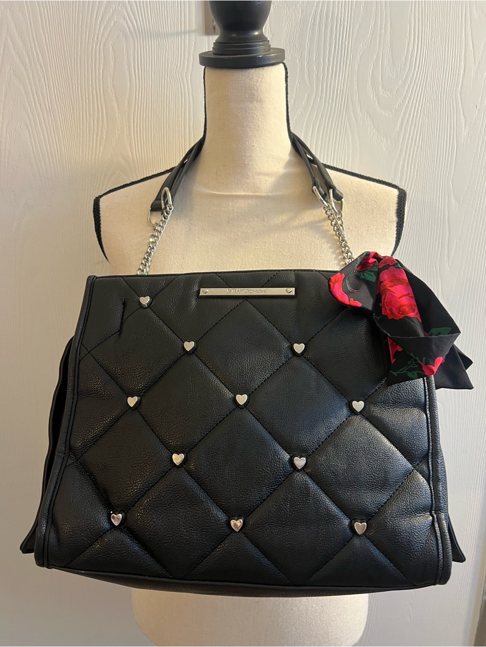 Betsey Johnson Black Quilted Heart-Stud Satchel with Floral Scarf - 12